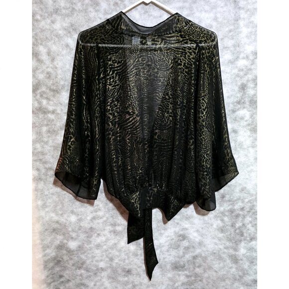 Chico's Wrap Top Blouse knot black & gold sheer jungle print kimono Sz 0/Small - Picture 3 of 4
